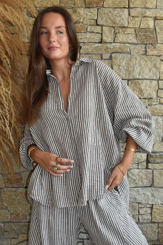 Sundaze Cheesecloth Chalk Stripe Boyfriend Shirt Mocha & White